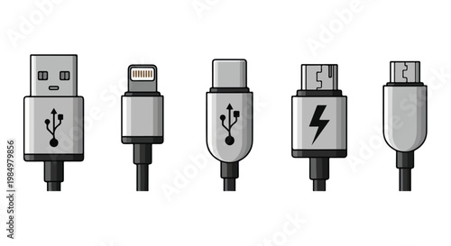Collection of five different charging cables and connectors for electronic devices on white background