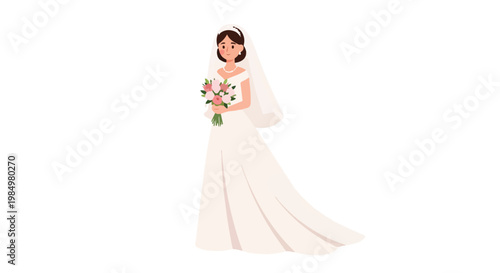 Beautiful bride in a white wedding dress holding a bouquet of flowers, standing outdoors on a clear day