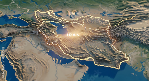 Satellite view of iran with illuminated borders and terrain, middle east