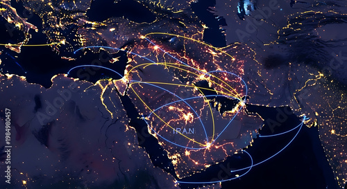 Aerial view of iran at night with glowing cities and flight paths, city lights