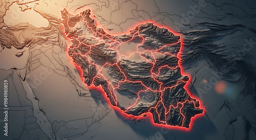 3D map of iran with red glowing borders 3D map middle east outline map