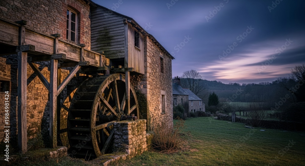 Fototapeta premium Rustic Watermill Building at Twilight with Copy Space