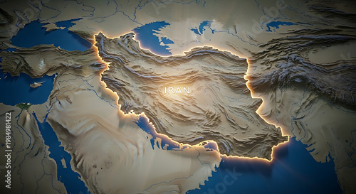 3D relief map of iran and surrounding middle east countries with political map