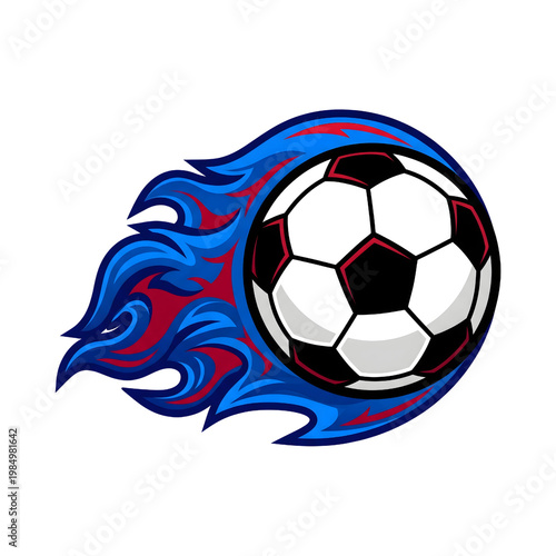 Dynamic soccer ball with blue flames, flaming football sports mascot logo, athletic competition graphic element on white background