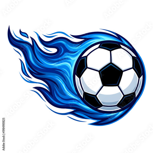 Flaming soccer ball with blue fire trail, dynamic football sports mascot illustration, fast moving soccer ball on white background