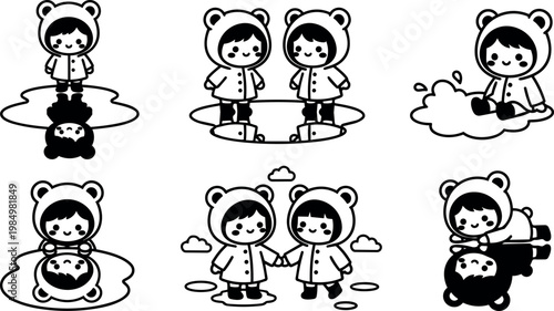 Black and white line art children in bear hoodies with puddle reflections and holding hands