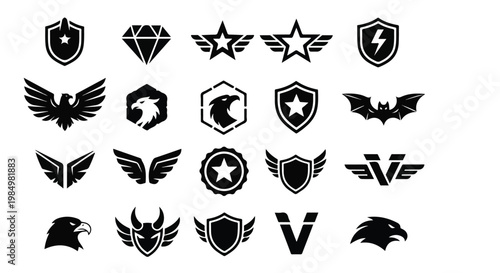 Collection of black military and aviation badges and insignia with wings shields and stars for security or defense