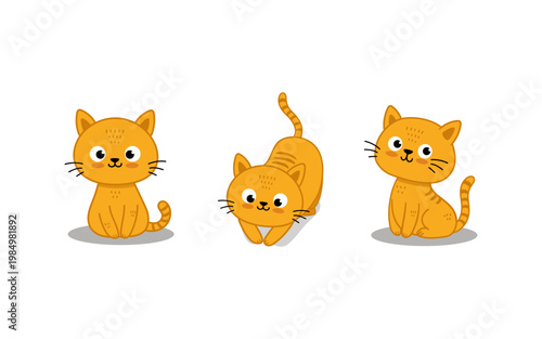Set of funny cute cats in different poses in flat style. Cartoon kitten. Ginger cat. Vector illustration