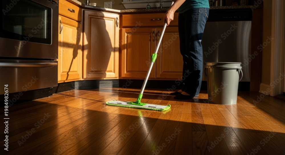 Fototapeta premium Person mopping hardwood floor in sunlit modern kitchen