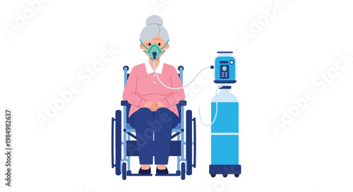 Elderly woman in wheelchair receiving oxygen therapy from medical device in a healthcare setting