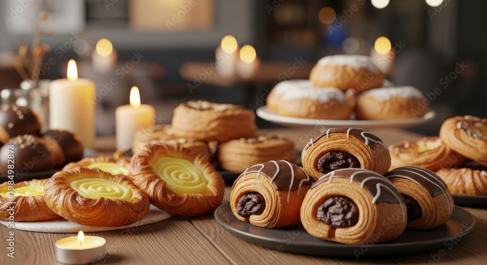 Naklejka premium Assorted pastries arranged on wooden table with candles