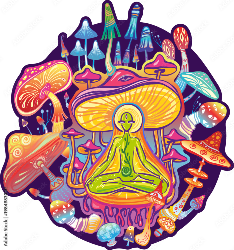 Fototapeta premium Psychedelic Meditation with Mushrooms Colorful Fantasy Illustration