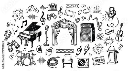 Music symbols and objects surround a stage with piano and microphone