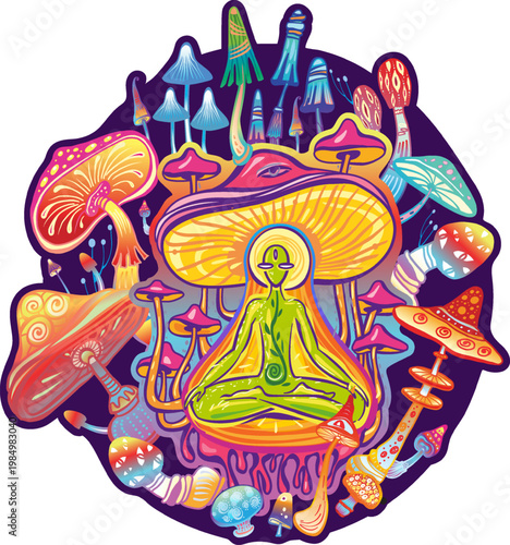 PrintPsychedelic Meditation with Mushrooms Colorful Fantasy Illustration
