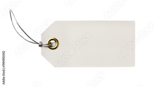 Blank white paper tag with silver string and brass grommet, isolated on transparent background