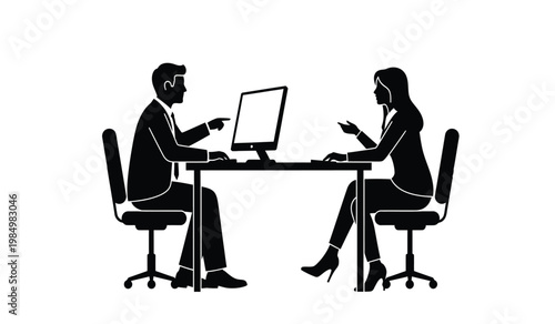 A black silhouette depicts a formal job interview setting with a recruiter and candidate facing each other discussing results silhouette high quality professional detailed