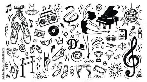 Vibrant doodle illustration of a lively music festival with dancer, piano, and various musical elements