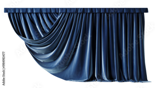 Fotografi Deep blue velvet curtains with pleats draped elegantly, isolated on transparent