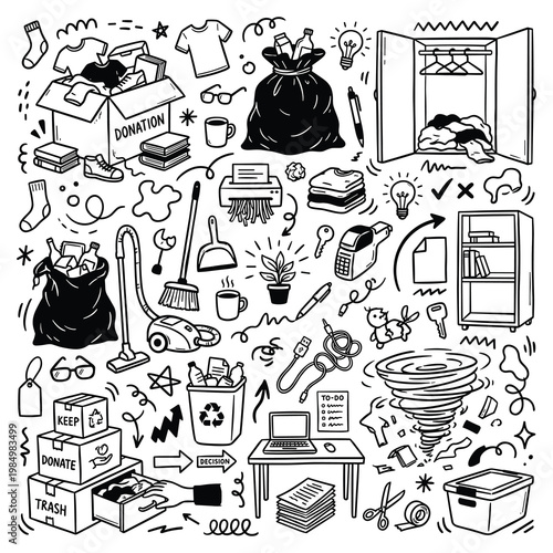 Illustration of various objects and items being blown away by a tornado indoors