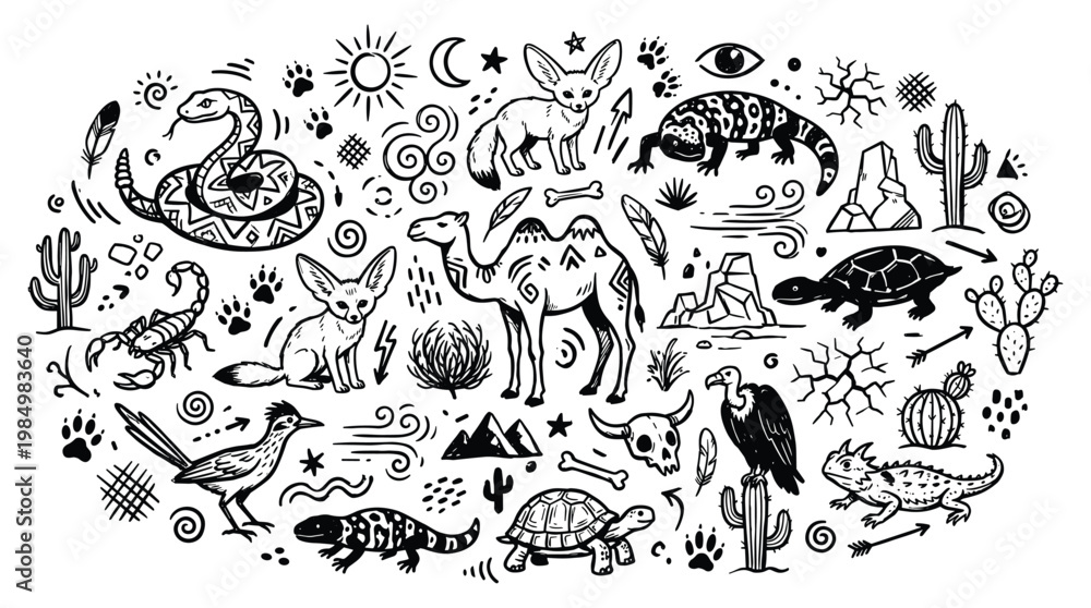 Obraz premium Desert doodle elements featuring animals and plants in a scenic landscape