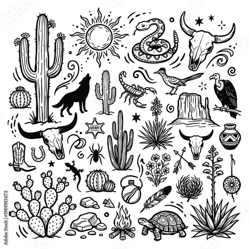 Desert flora and fauna scene with various animals and plants