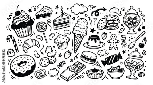 A doodle illustration of various sweet treats and desserts on a diet plan
