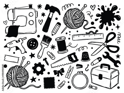 A collection of DIY craft supplies including tools and materials for sewing and other hobbies at home