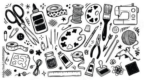 Tableau sur toile A vibrant doodle illustration of various art supplies and craft tools scattered