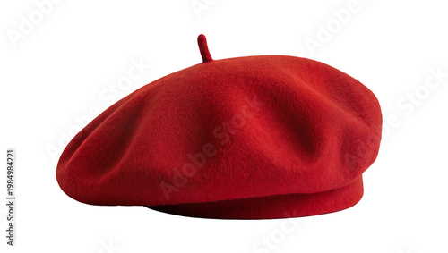 Foto Red felt beret with a small stem, isolated on transparent background