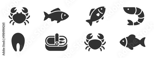 seafood icons set with fish crab shrimp canned seafood and fish steak vector collection on transparent background