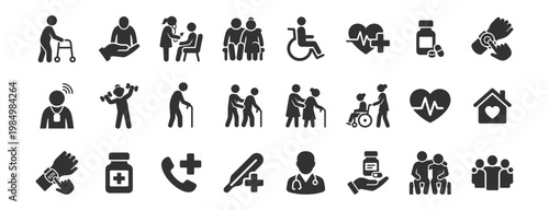 Elderly care and health care icons set including walker, medication, wheelchair, heart rate, doctor, and home care symbols on transparent background