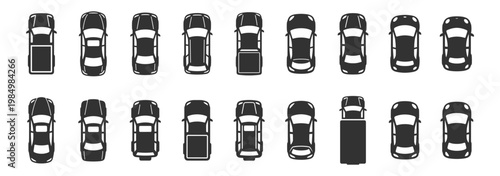 top view icons of various passenger and pickup trucks vehicles illustration vector set on transparent background