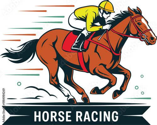 Horse racing illustration, vibrant stylized vector of racehorse with jockey in action showing speed competition and professional equestrian sport.
