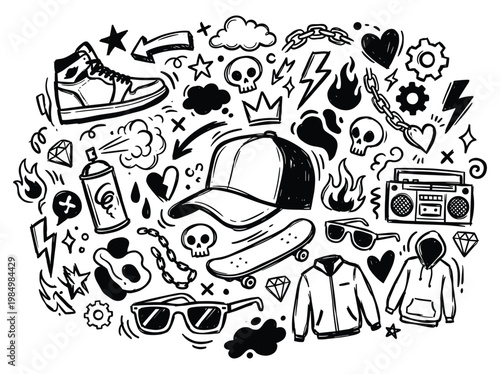 A vibrant doodle illustration of fashion accessories and music symbols surrounds a baseball cap.