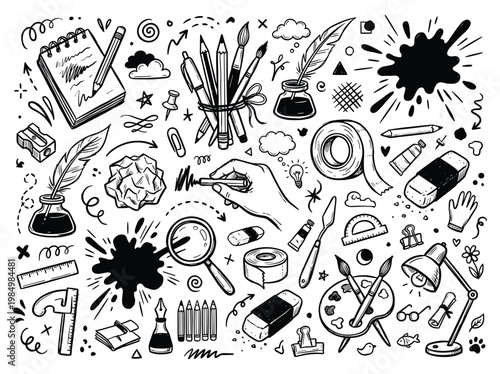 The doodle elements collection features various artistic tools and supplies on a white surface.