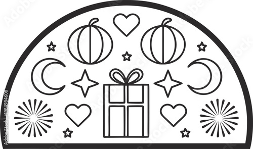 Black and white of global holiday celebration symbols