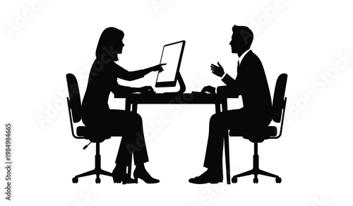 A stark image depicts a business meeting with a woman and man seated at a desk discussing work in silhouette high quality professional detailed