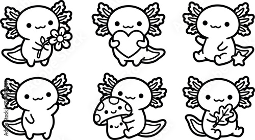 Cute axolotl holding flower heart and mushroom black and white vector art