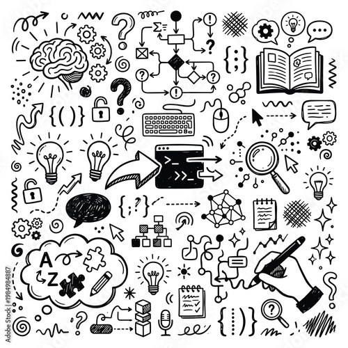 A doctor's office doodle illustration depicts various medical and business symbols.