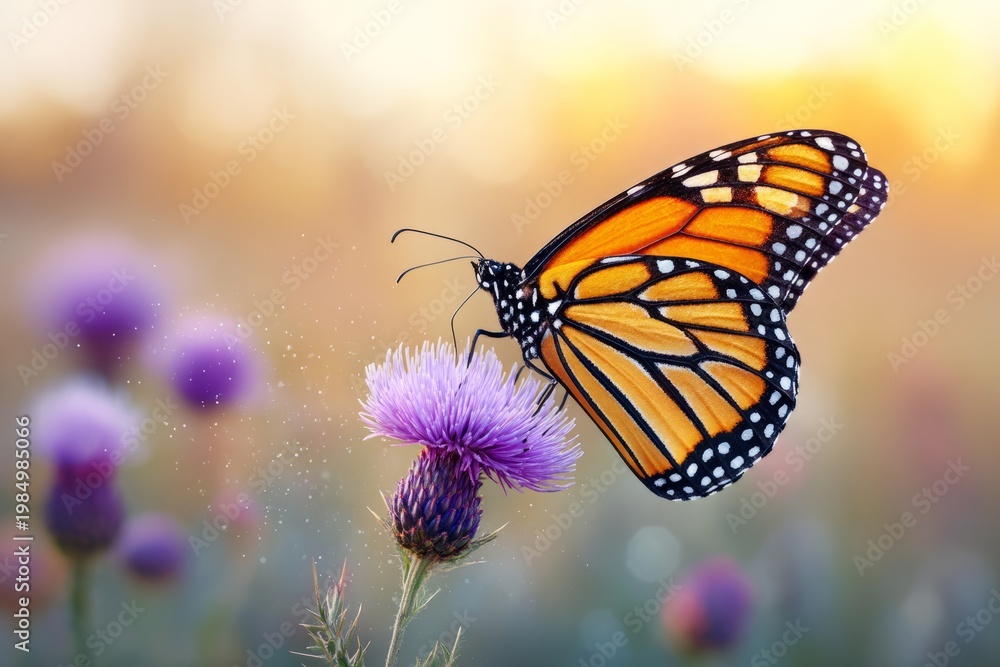 Obraz premium Monarch Butterfly Resting on Blooming Purple Thistle Flower at Sunset