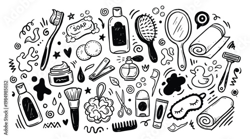 Doodle elements planner showcases various grooming and beauty tools and products neatly arranged