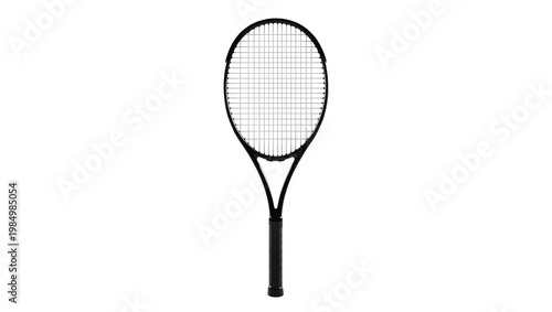 Photography Sleek black tennis racket with taut white strings, isolated on transparent backg