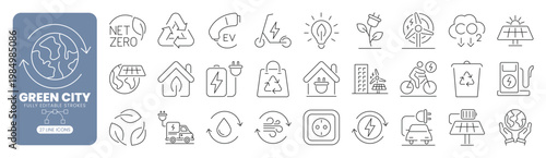 Green city renewable energy web line icon set with solar panel, electric vehicle, recycling, eco system, sustainability and smart energy symbol. Editable stroke
