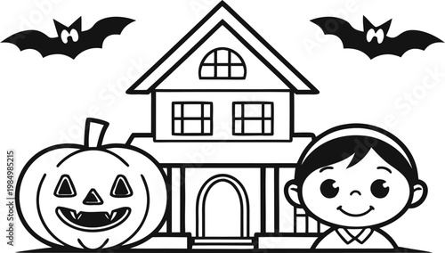 halloween house with pumpkin and witch