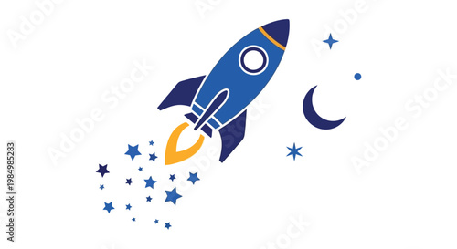 A colorful rocket ship soars through a starry night sky with a crescent moon