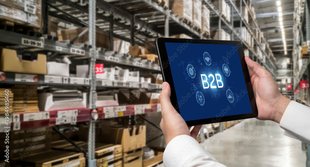 Naklejka premium Business person navigates B2B landscape, harness technology to enhance business-to-business connections. Discover reshapes B2B interaction, driving innovation in business-to-businesses strategy. brisk