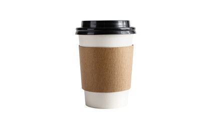 White paper coffee cup with brown sleeve and black lid, isolated on transparent background