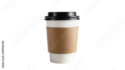 Fotografía White paper coffee cup with brown sleeve and black lid, isolated on transparent