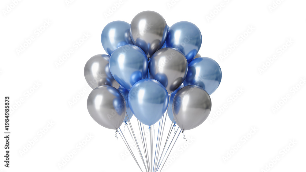 Fototapeta premium Cluster of metallic blue and silver balloons, isolated on transparent background