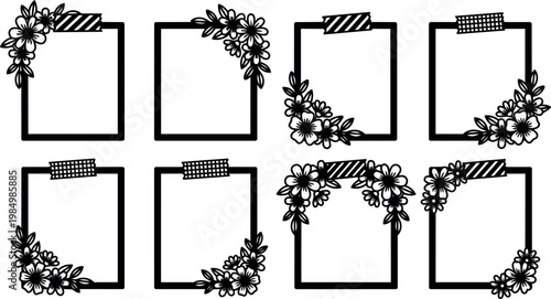 Black and white floral square frames with decorative tape accents vector art